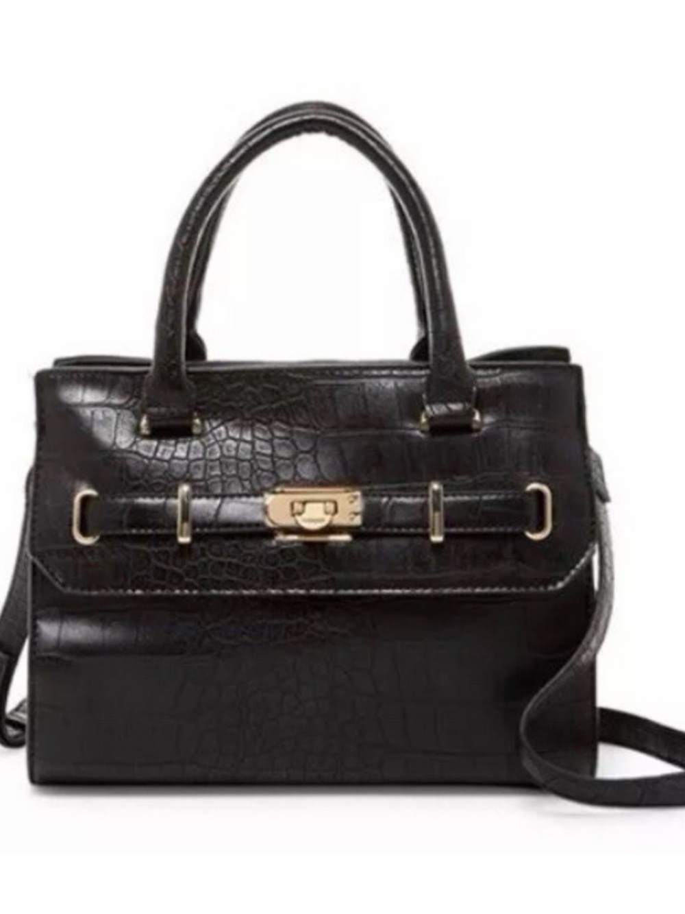 Bebe Black Croc-Embossed Satchel with Gold Hardware